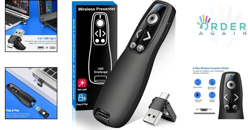 Wireless Presentation Clicker USB Type C PowerPoint Remote with Volume Control