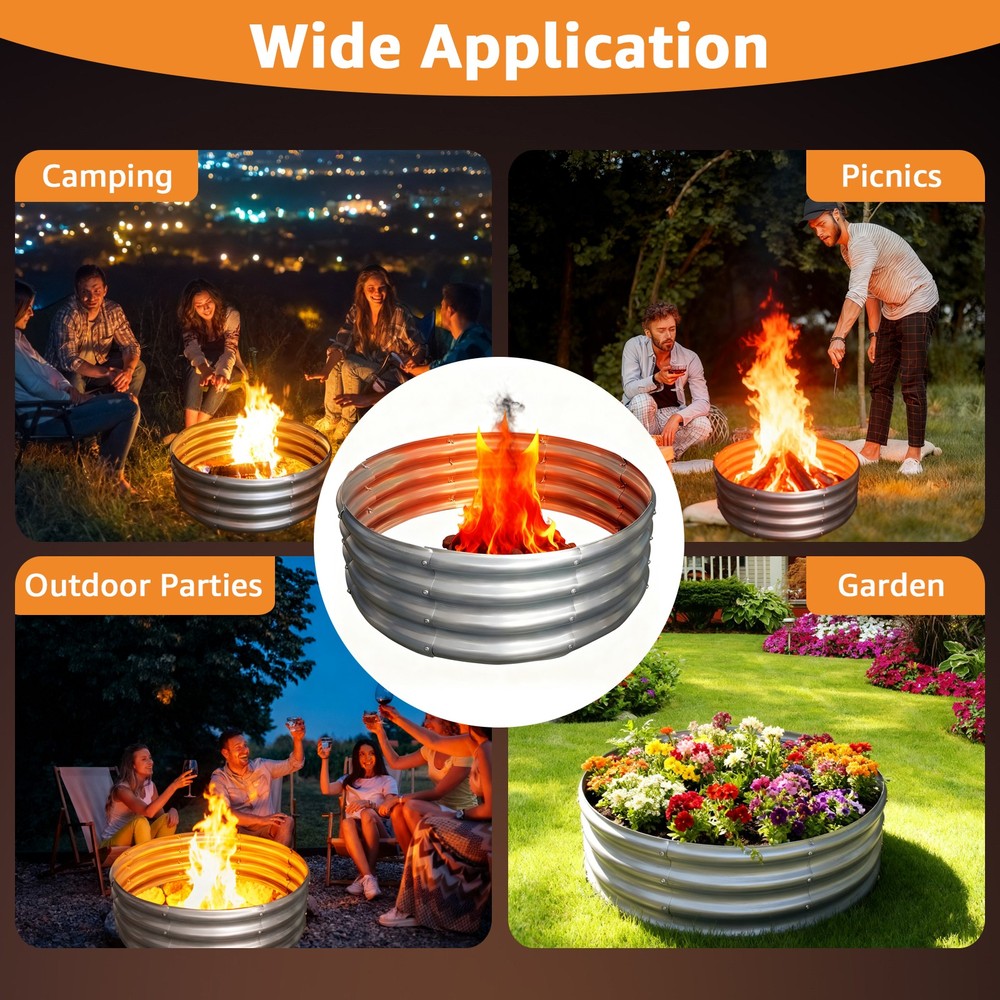 Silver Round Galvanized Steel 3ft Fire Ring Pit for Backyard, Camping
