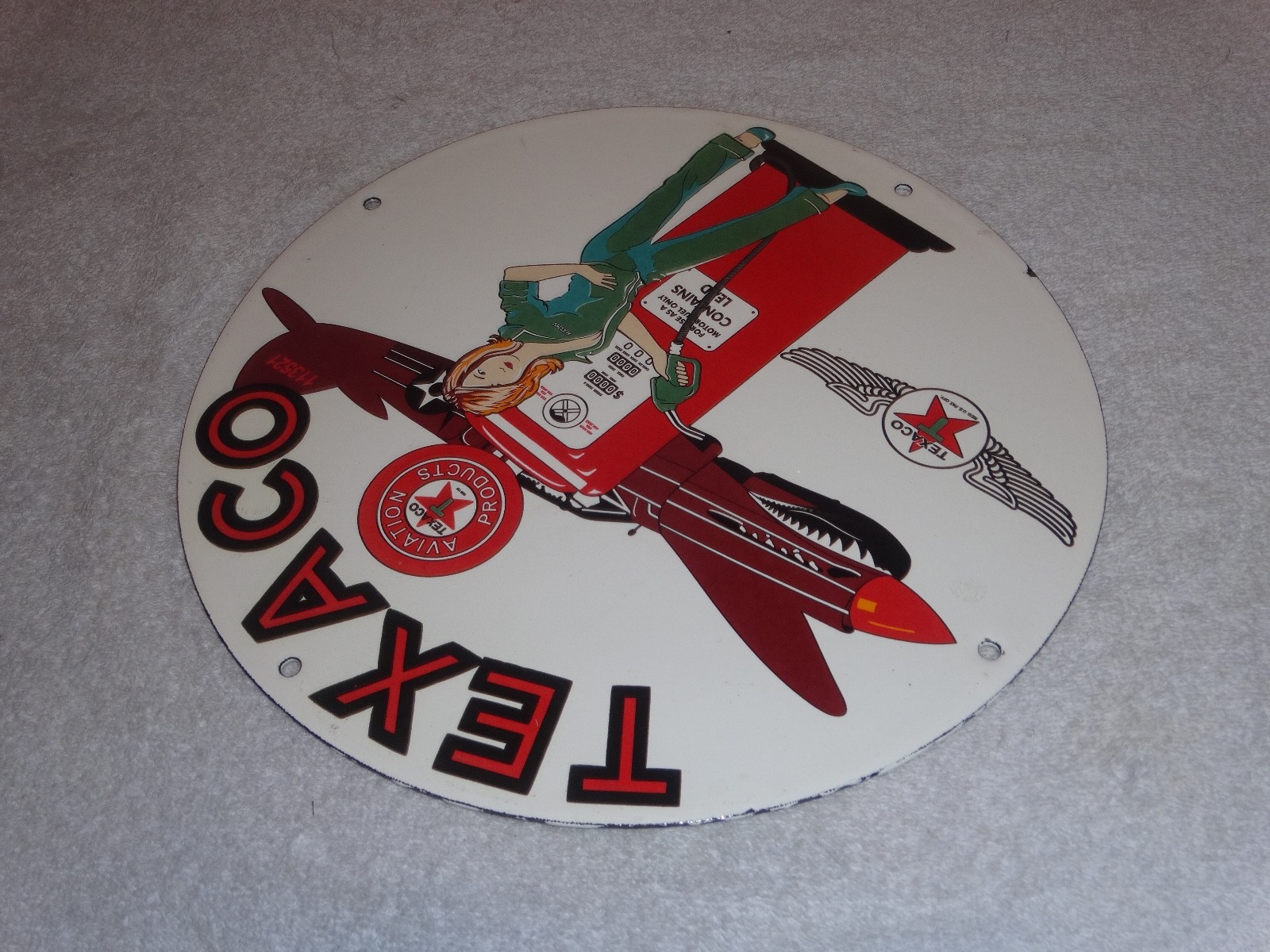 VINTAGE TEXACO AVIATION FEMALE MODEL WW2 AIRPLANE 11 3/4" PORCELAIN GAS OIL SIGN