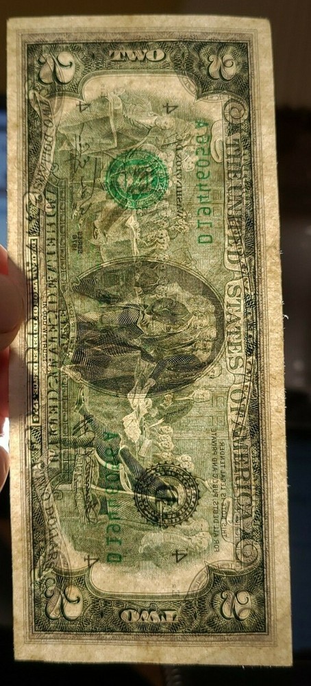 1976 $2 note alignment Shift over-inking error AU [almost uncirculated] folds