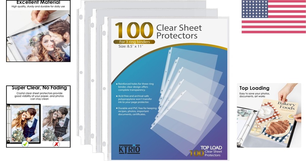 Durable Polypropylene 3 Ring Binder Sleeves - 100 Clear Top Loading Protectors