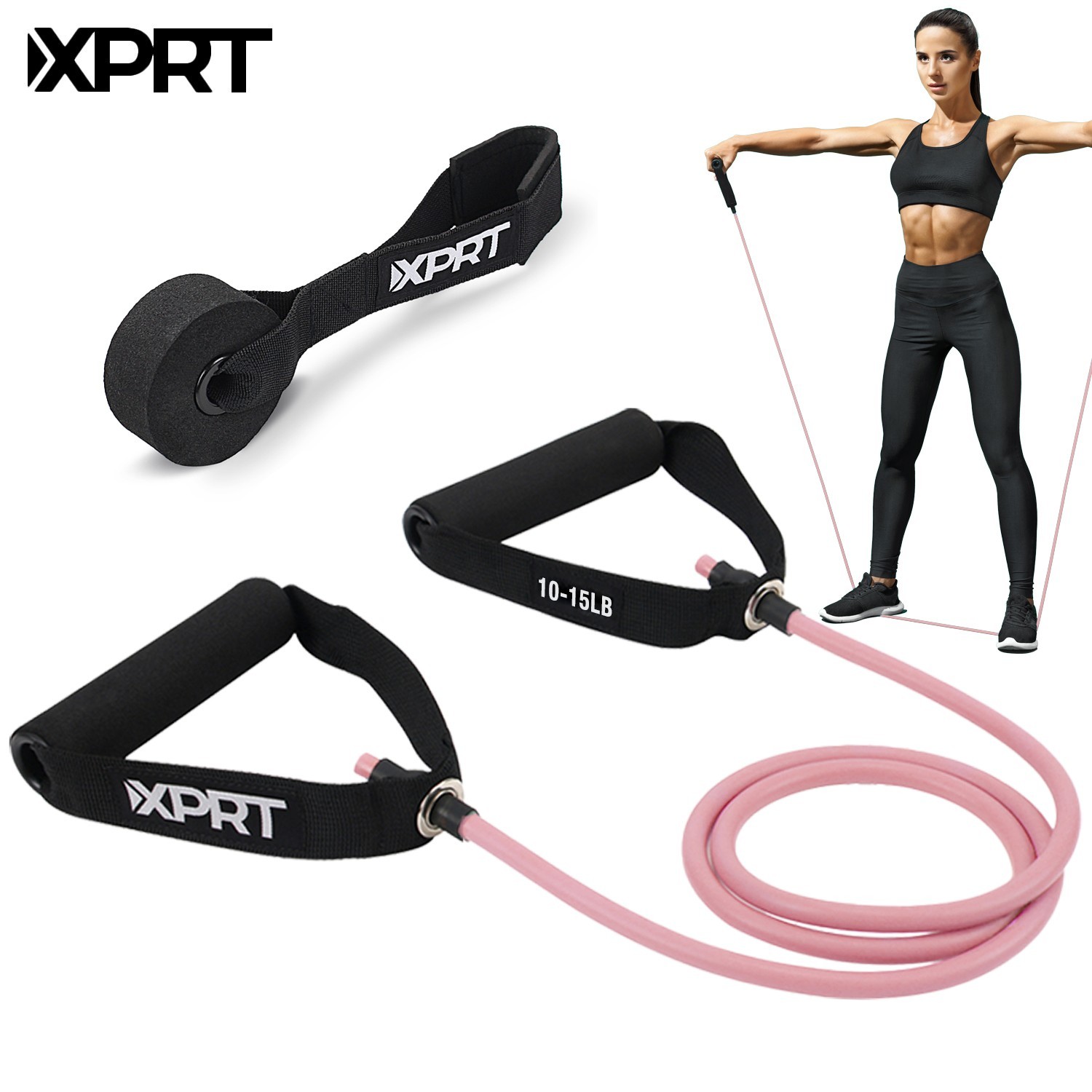 XPRT Fitness Resistance Tube Band w/ Handles & Door Anchor–Durable Natural Latex