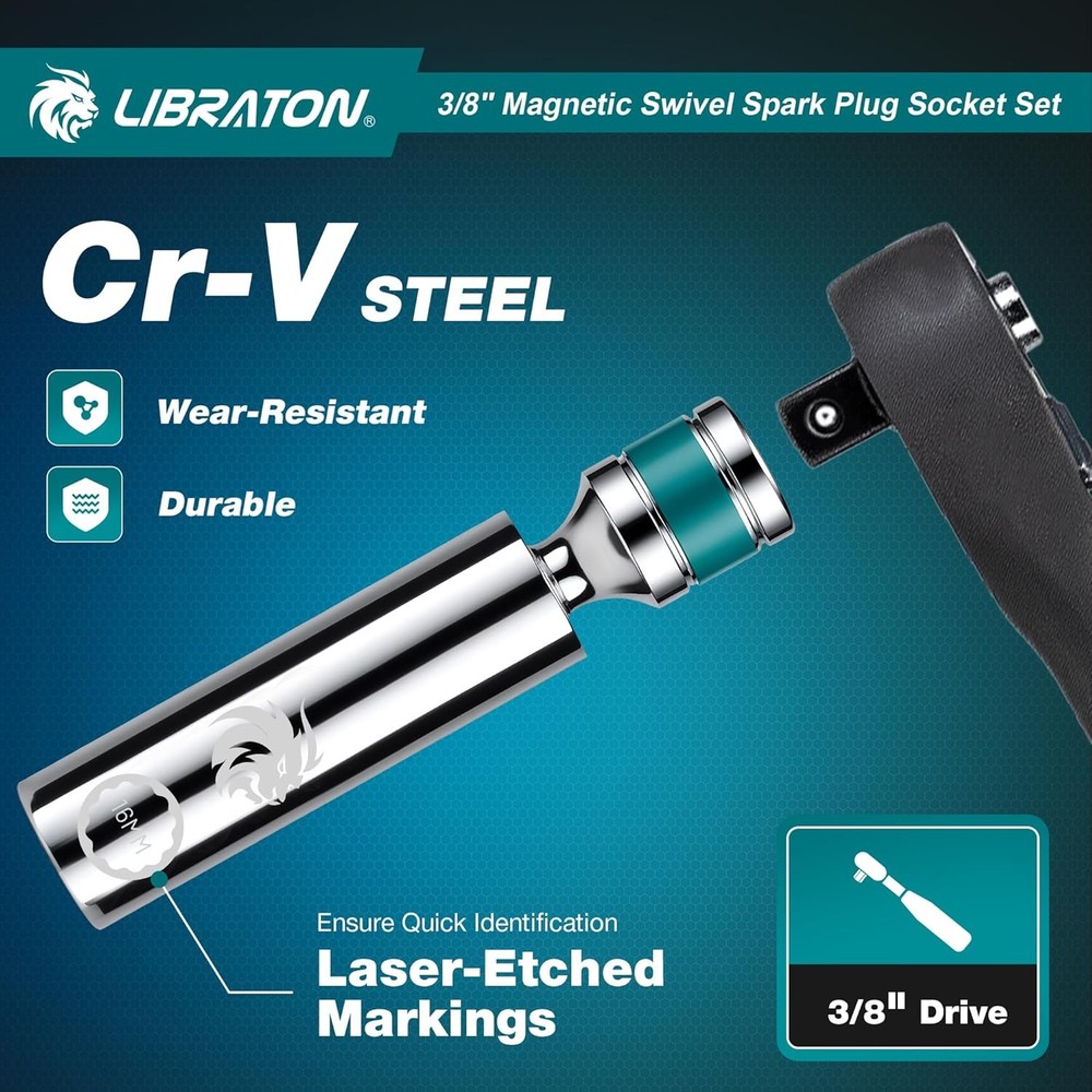 8PCS 3/8"Dr. Magnetic Spark Plug Socket Set, Include Gapper & Extension Bar, Swi