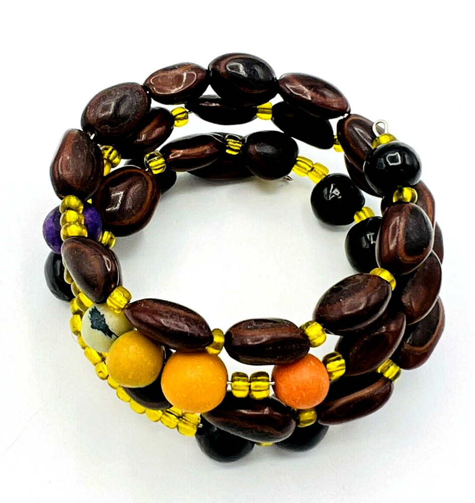 Artisan Nut Beads Memory Wire Wrap BOHO Bracelet