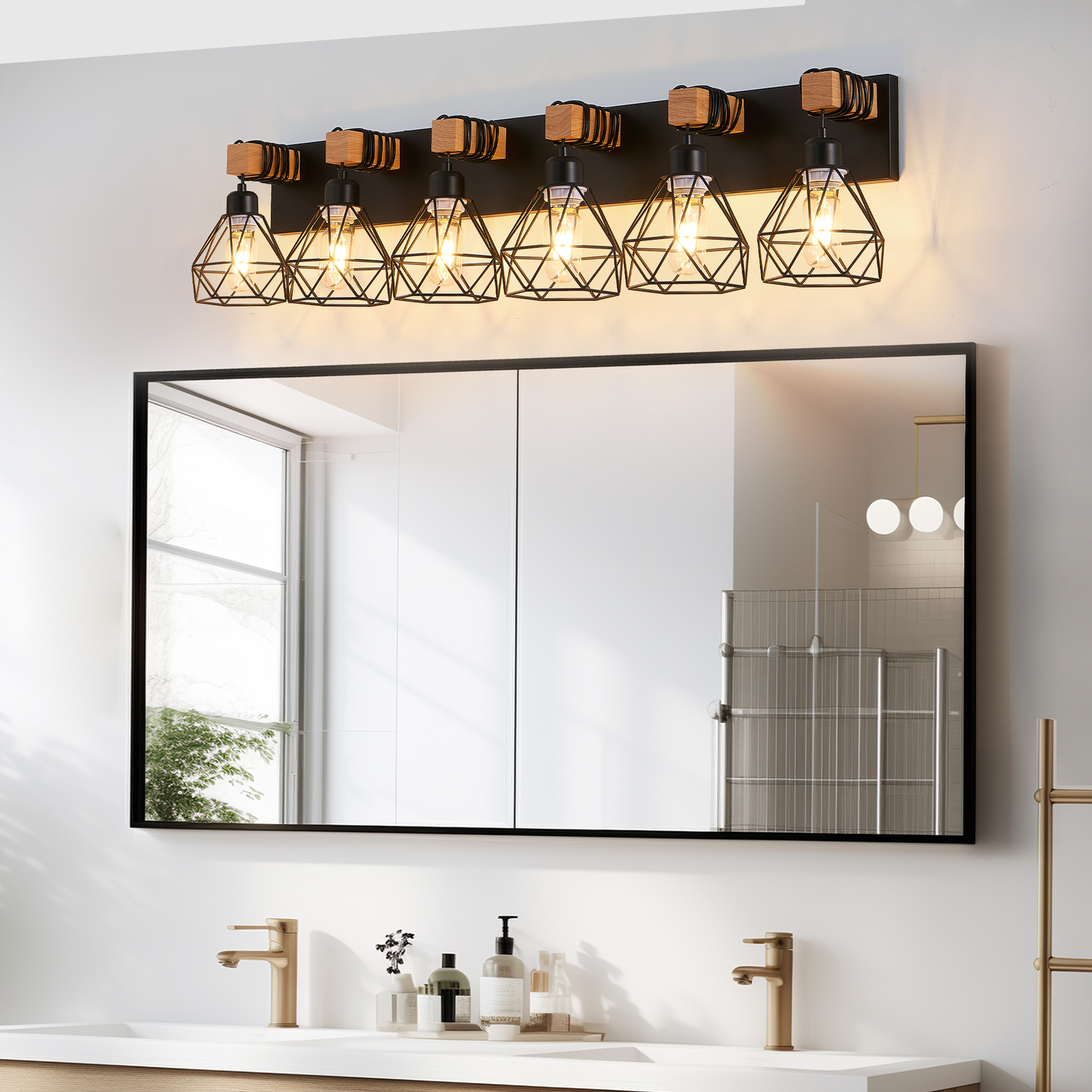 Vanity Light 38" 6 Lights Farmhouse Fixture Black Cage Bathroom Mirror Wall Lamp