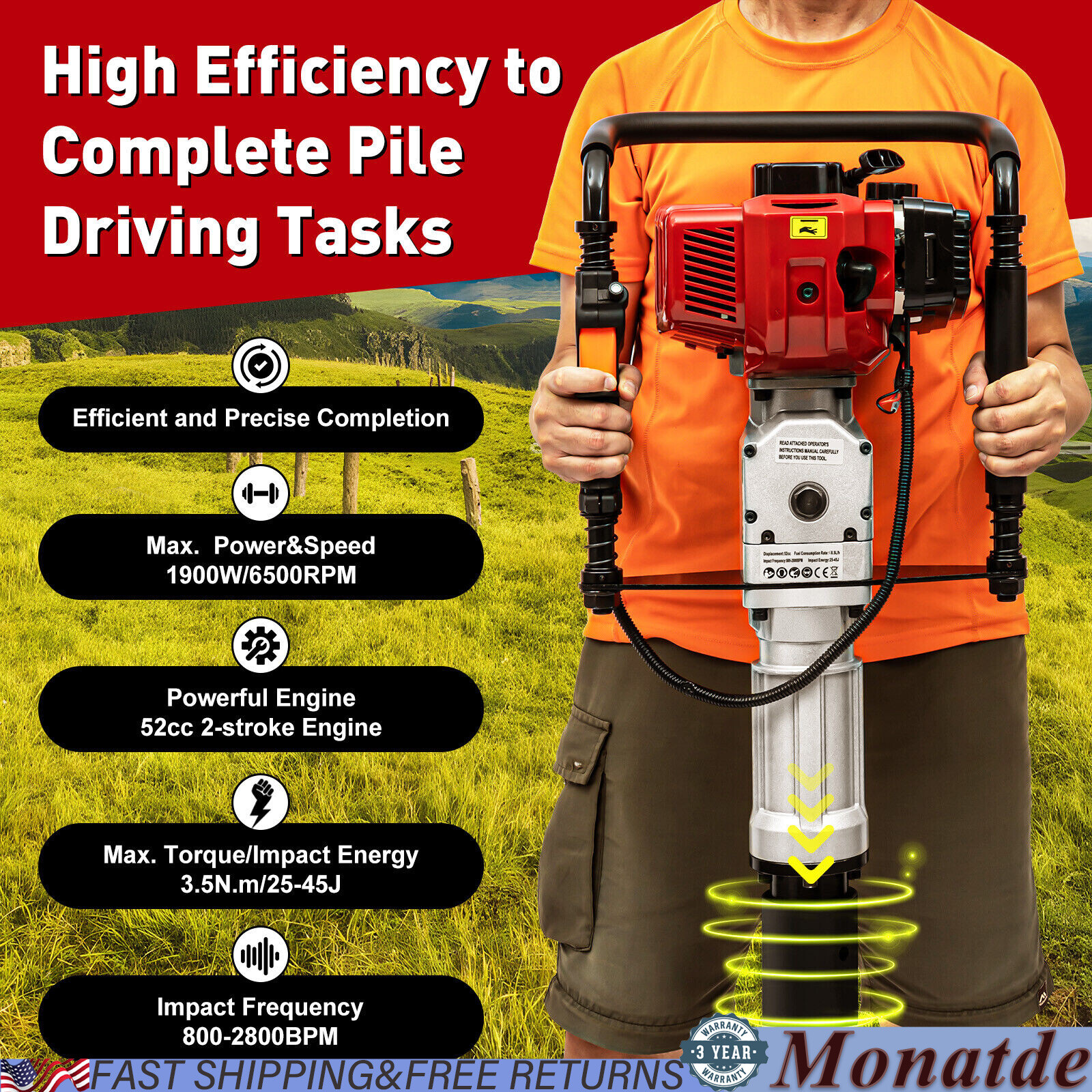 52cc Gas-Powered T Post Driver Fence Post Driver 2-Stroke Gasoline Push Pile New