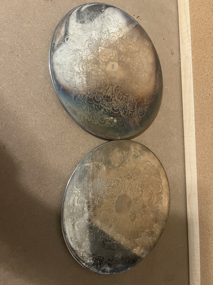 2 Vintage Silver Plate 8” Round Etched Serving Trivet Hot Pad Backed