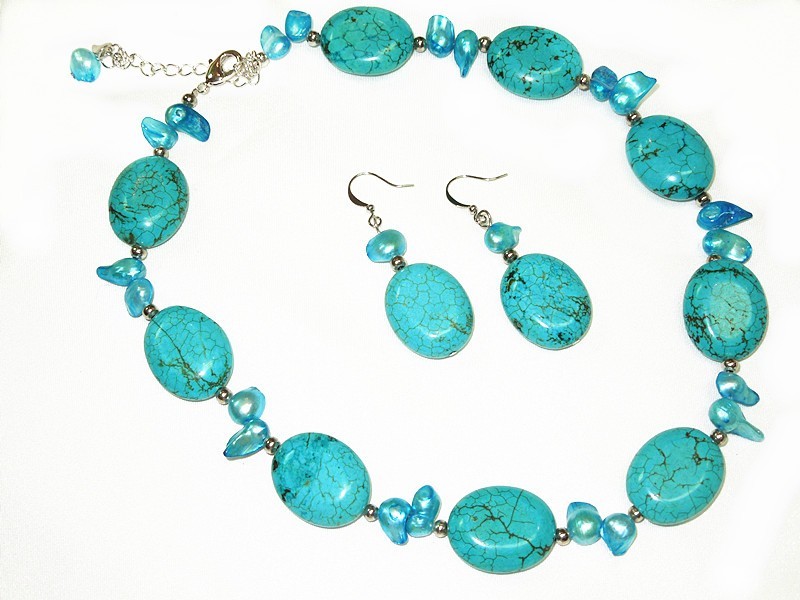 Natural Tibetan Turquoise Necklace Earrings Handcraft Chic Combine w. Pearl #GS9