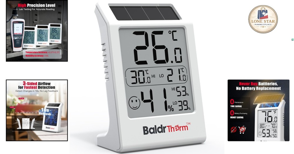 Solar-Powered 3.2'' Digital Thermometer with Max/Min Readings - 1 Support