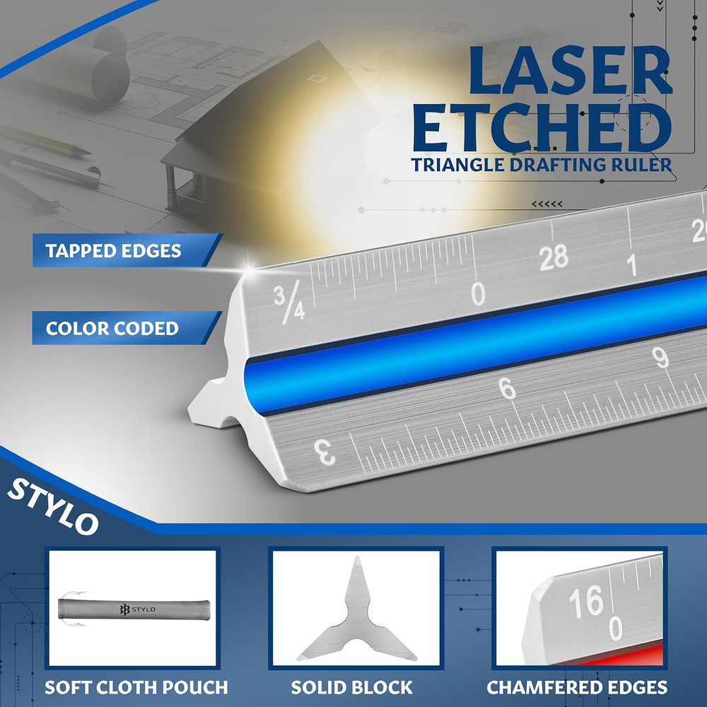 12" Aluminum Architect Scale Ruler Laser Etched Triangle Drafting Ruler, Colo...