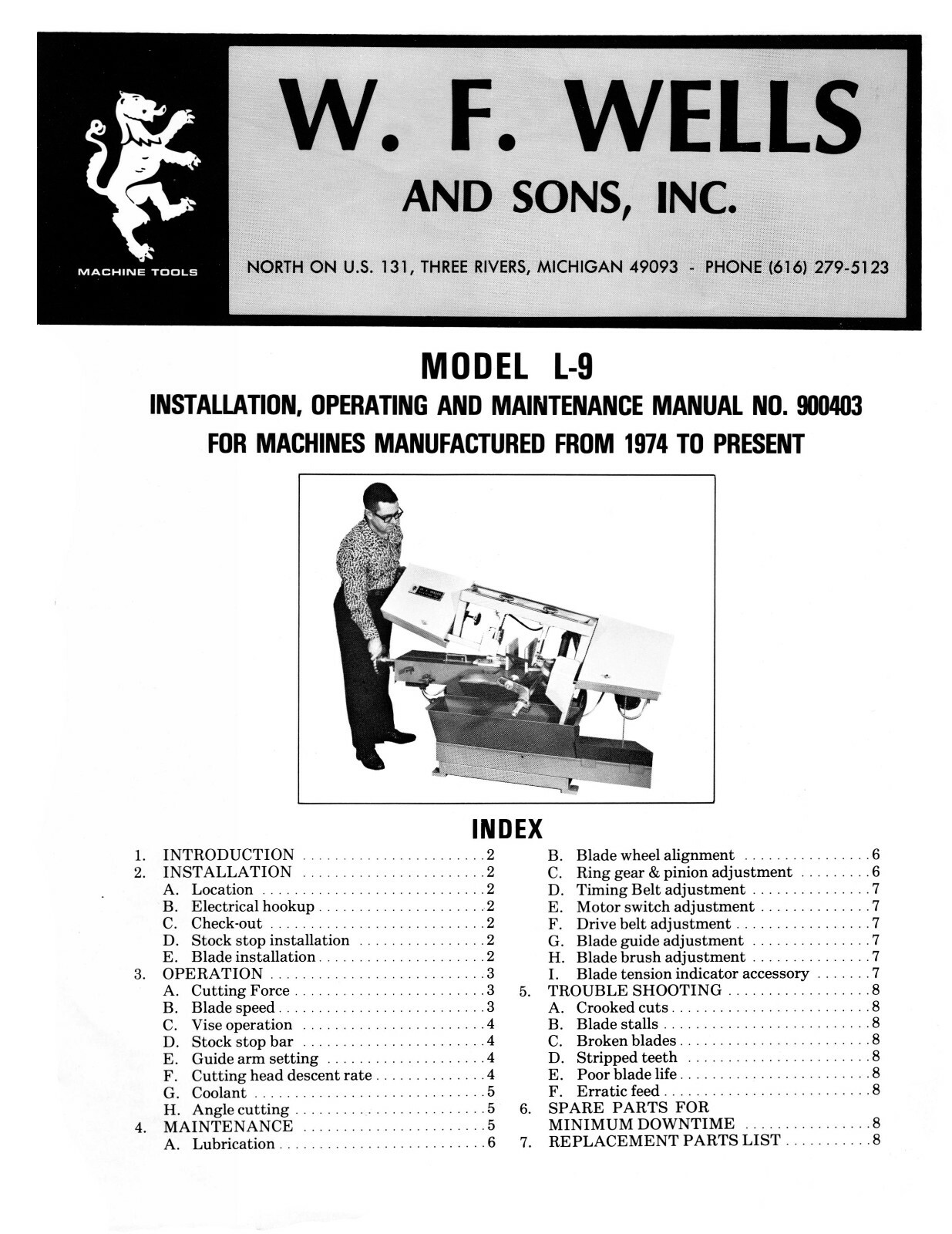 W.F. Wells Horizontal Bandsaw L-9 Operator, Maint, & Parts LIst Manual #1828