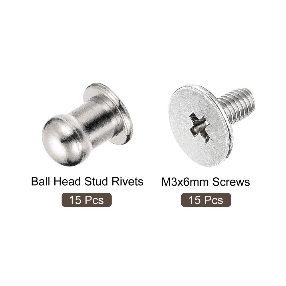 15Pack 5mm Ball Head Stud Rivets Screw Back Round Head Button Silver Tone