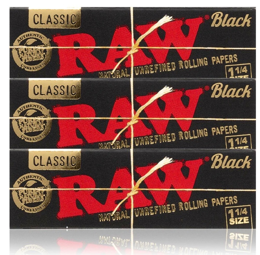 Authentic Raw Black Rolling Paper 11/4 Size Bundle, Roller+Papers+Tip+Tin