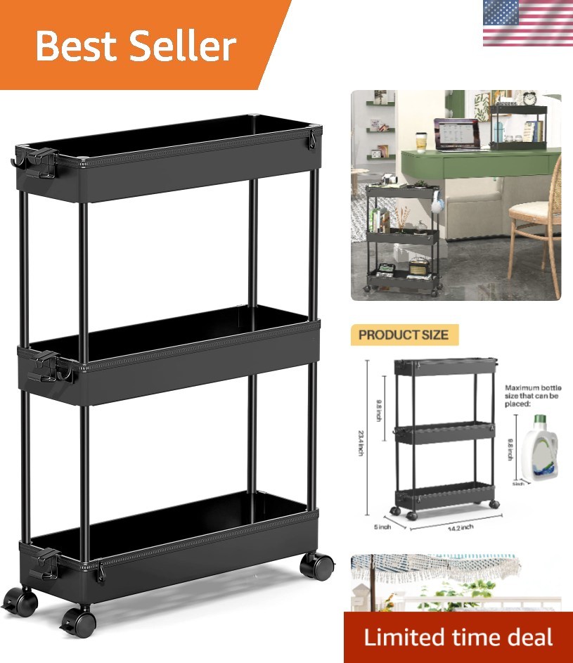 Slim Rolling Storage Cart, 3-Tier, Black, Multifunctional