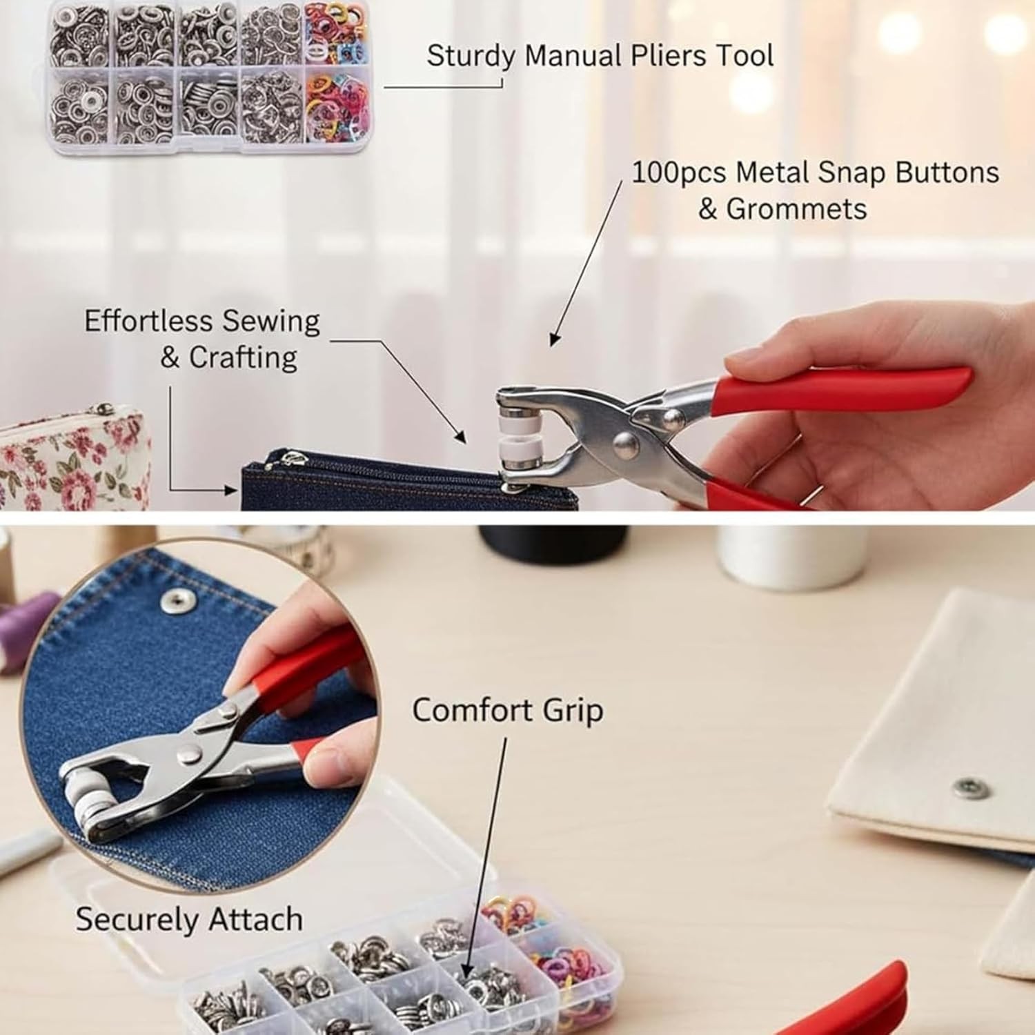 Sewing Kit with 100PCS Invisible Colored Metal Buckle & Manual Pressure Pliers