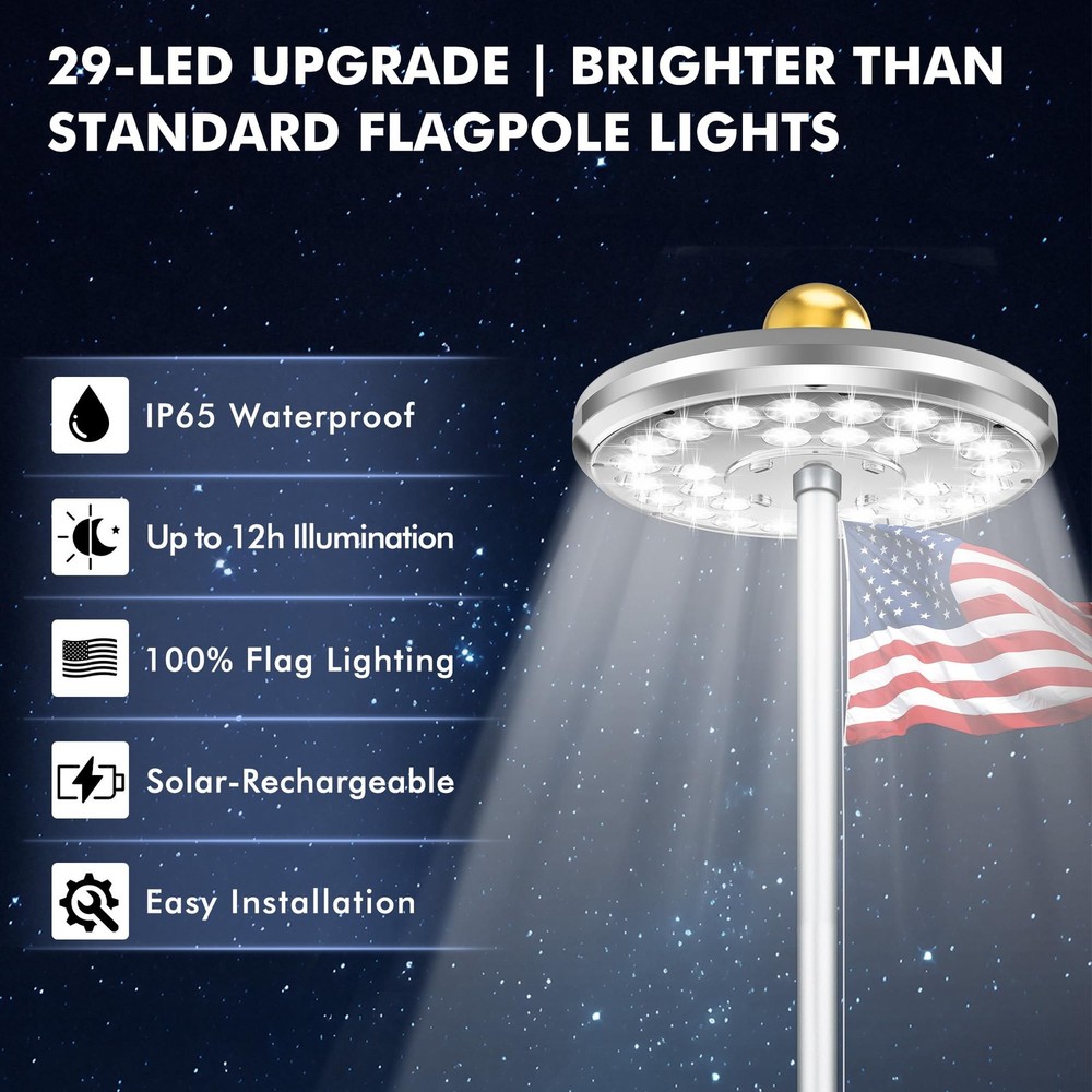 Flag Pole Light Solar Powered, 29 LED Extra Bright Silver Flagpole Light for ...