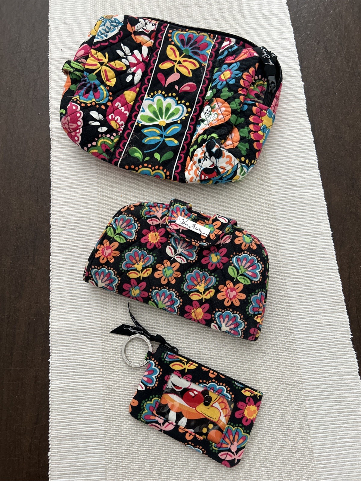 Disney Parks Vera Bradley Midnight W/Mickey Set Of 3 Makeup Bag/wallet/ID RARE