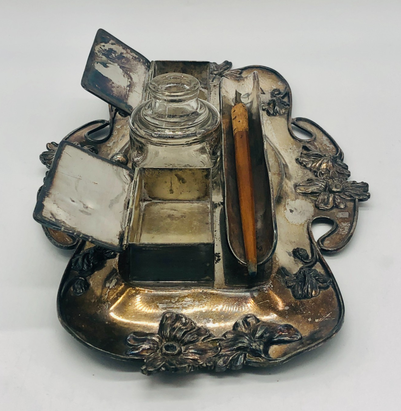 Antique 1905 Derby Silver Co. Art Nouveau Inkwell Set - Engraved #1778 - USA