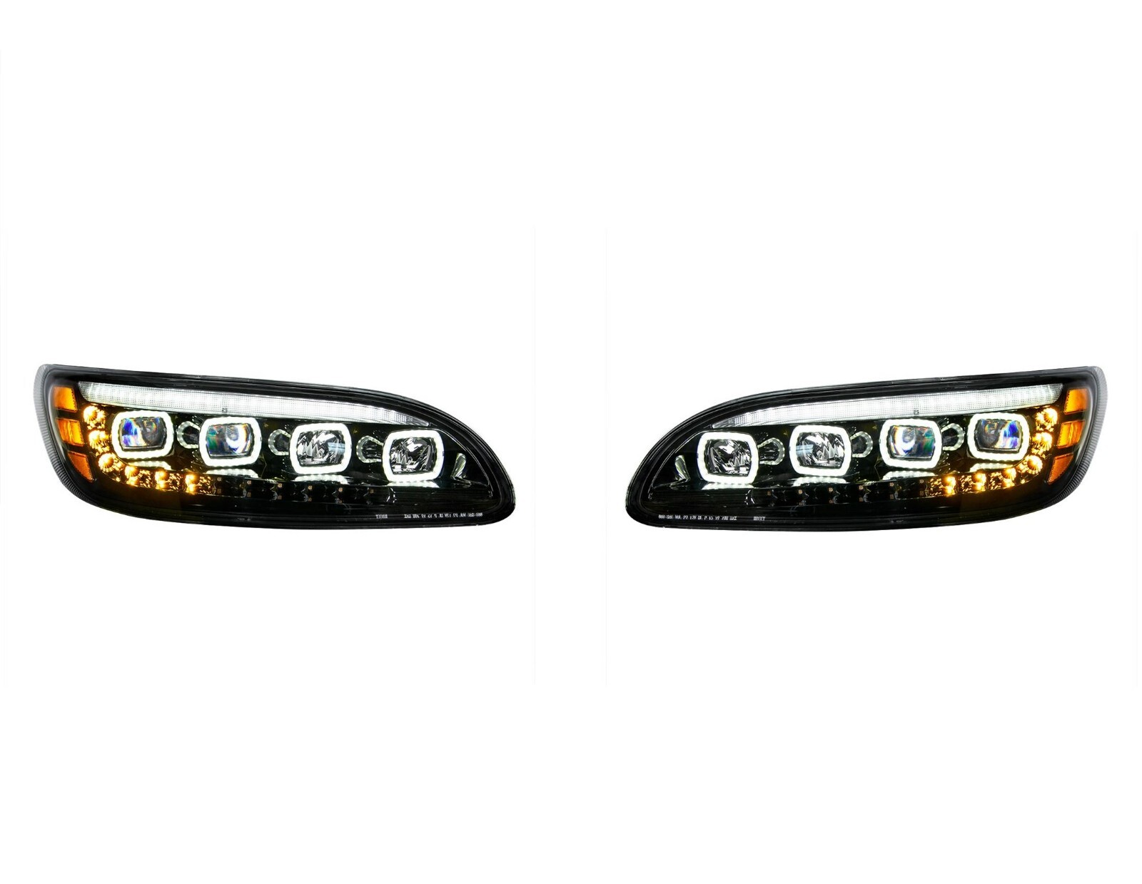 Pair Black Quad-LED Headlights With LED DRL & Sequential Signal For Peterbilt