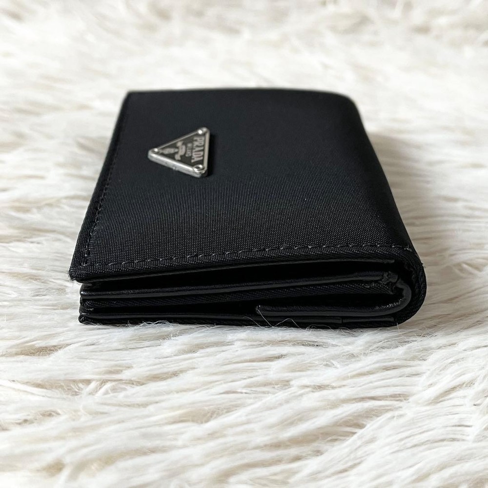 PRADA Triangle Logo Plate Compact Bi-Fold Wallet Black