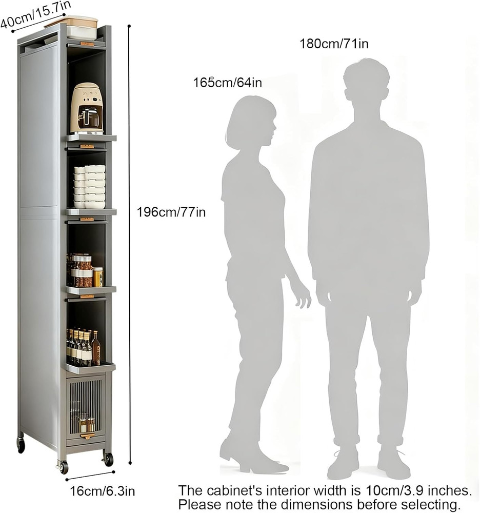 Slim Rolling Spice Rack with Transparent Door - Space Saving Kitchen Organizer