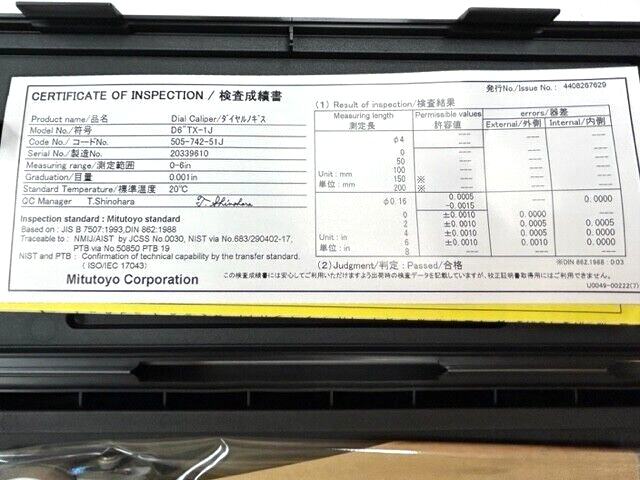 6" .001" GRAD. BLUE FACE DIAL CALIPER W/CASE MITUOTYO - 505-742-51J JAPAN NEW