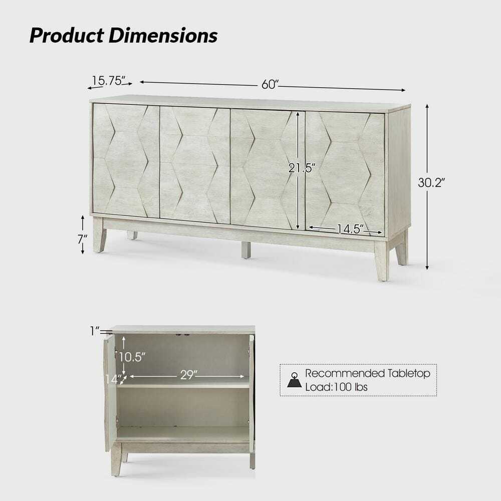 Modern Sideboard Hexagonal Embellishments with Solid Wood Legs White 60 In. New