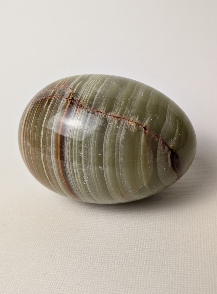 Vintage Polished Stone Egg – Olive Green w/ Natural Stripe Pattern – 2.75" Wide