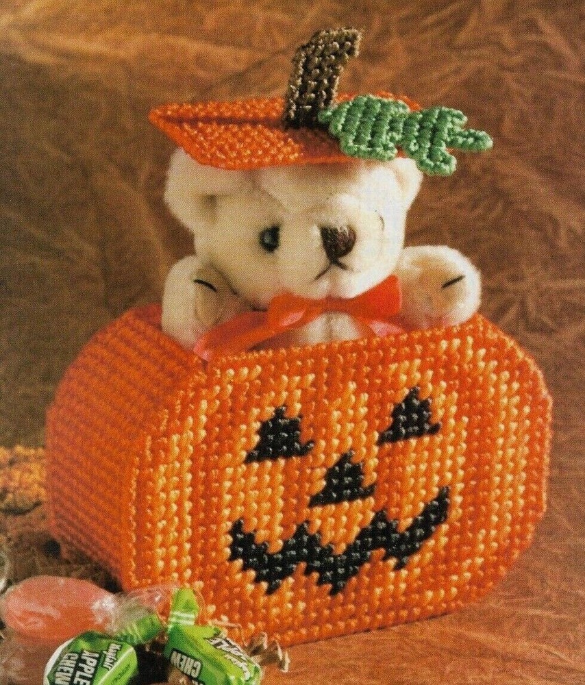TEDDY BEAR JACK-O-LANTERN HALLOWEEN PLASTIC CANVAS PATTERN INSTRUCTIONS