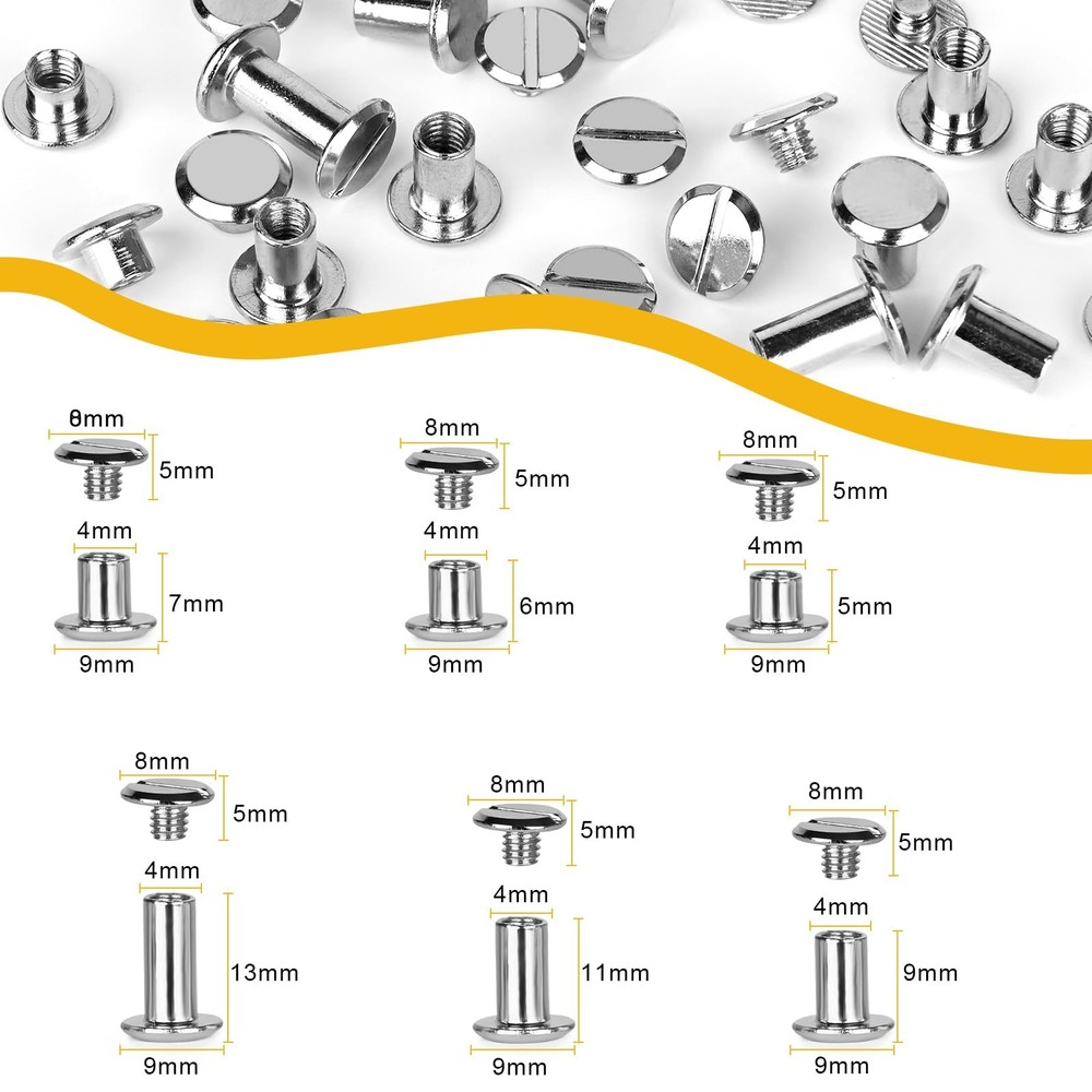 120sets Chicago Screws Kit, 6 Sizes Screw Rivets Silver Chicago Binding Screw...