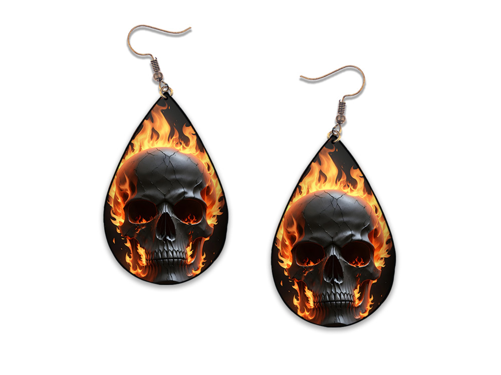 Fire Flaming Skull Teardrop Earrings