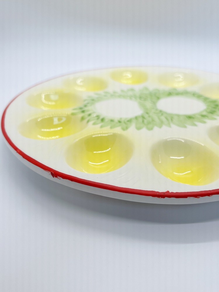 Vintage Ceramic ?Enesco Easter deviled eggs platter round, green/yellow/red 9”
