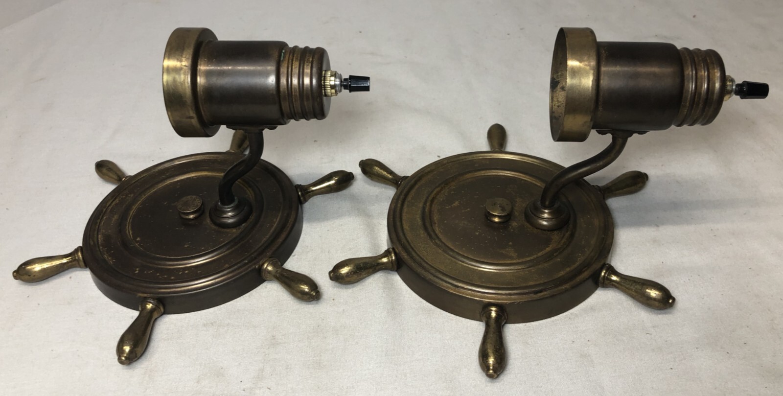 Vtg Nautical Wall Sconce Pair Ship Wheel Brass Light Fixture Art Wired USA #i30