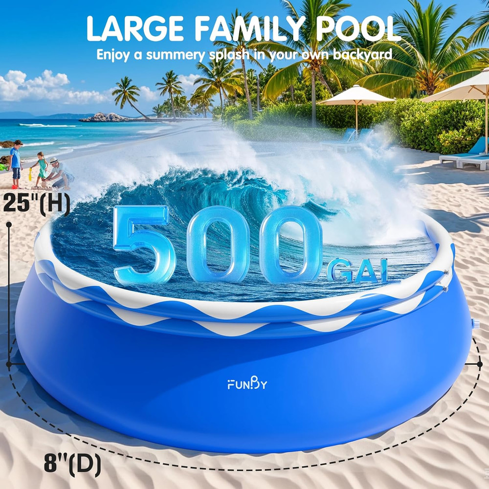 Inflatable 8ft Double Ring Pool for Adults - 500 Gal Capacity Fun!