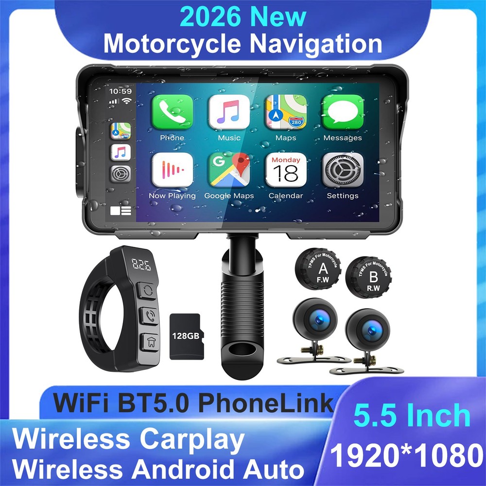 5.5" Motorcycle Carplay Screen Wireless Android Auto Dash Cam TPMS Touchscreen