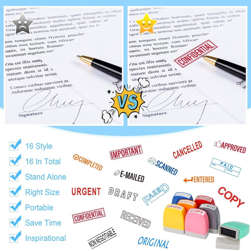 16 Pcs Office Stamp Set Message Self Inking Rubber Stamp Set for Office Stamp...