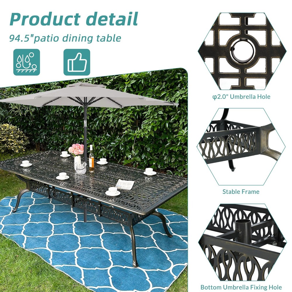 Large Patio Dining Table Outdoor Cast Aluminum Rectangular Table for 8-10 Person