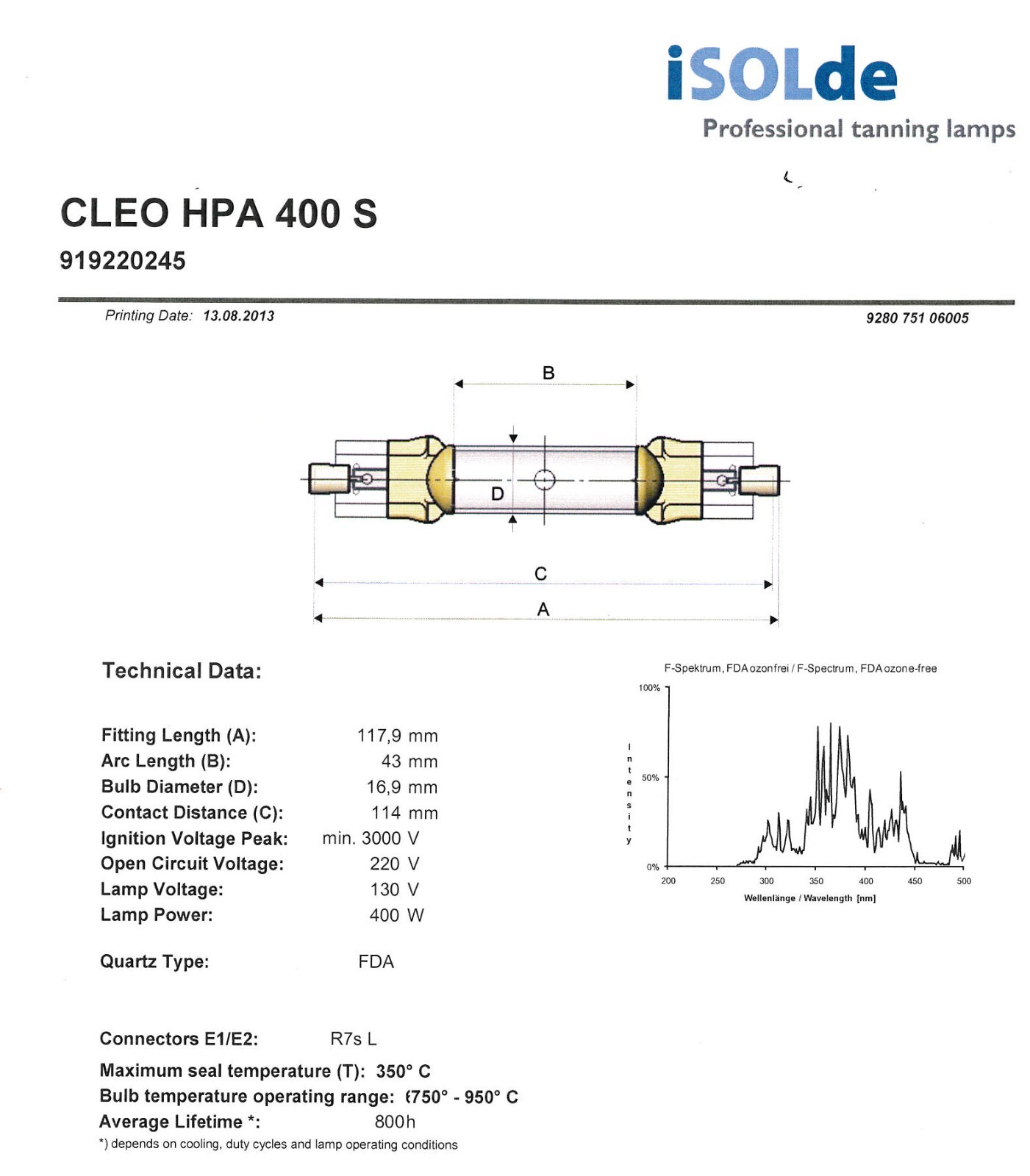 Cleo HPA 400S HPA400S UV Lamp Tanning Metal Halide Tube 400W - 9192205245