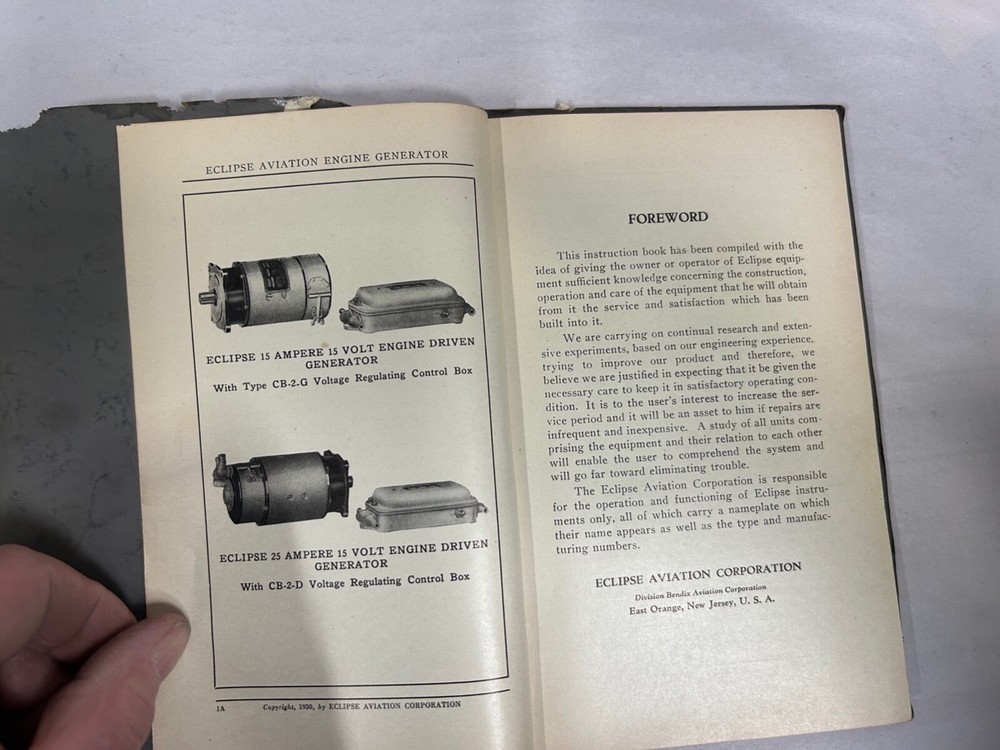 Vtg Eclipse Aviation No 1A Plane Engine Generator Instruction Book Manual (A8)