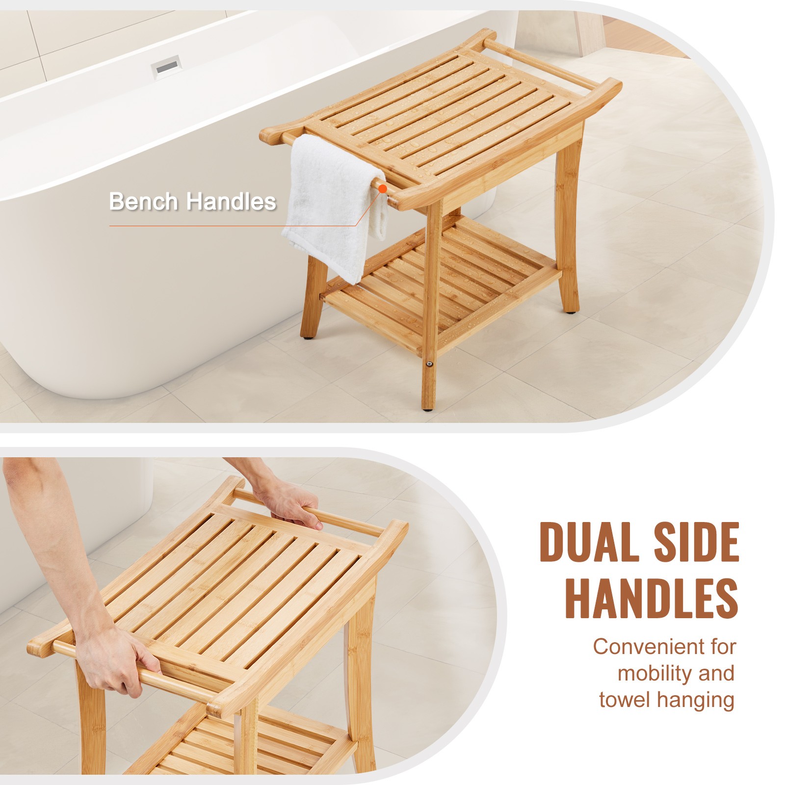 VEVOR Bamboo Shower Bench 24 x 13.8 x 18.9 in Shower Stool Chair w/Storage Shelf