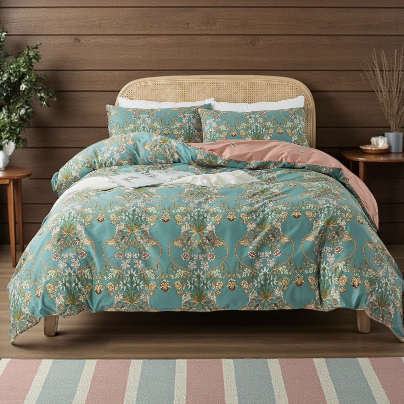 NEW Anthro Green Pink Reversible Floral King Boho Duvet Bedding Sham Case Set