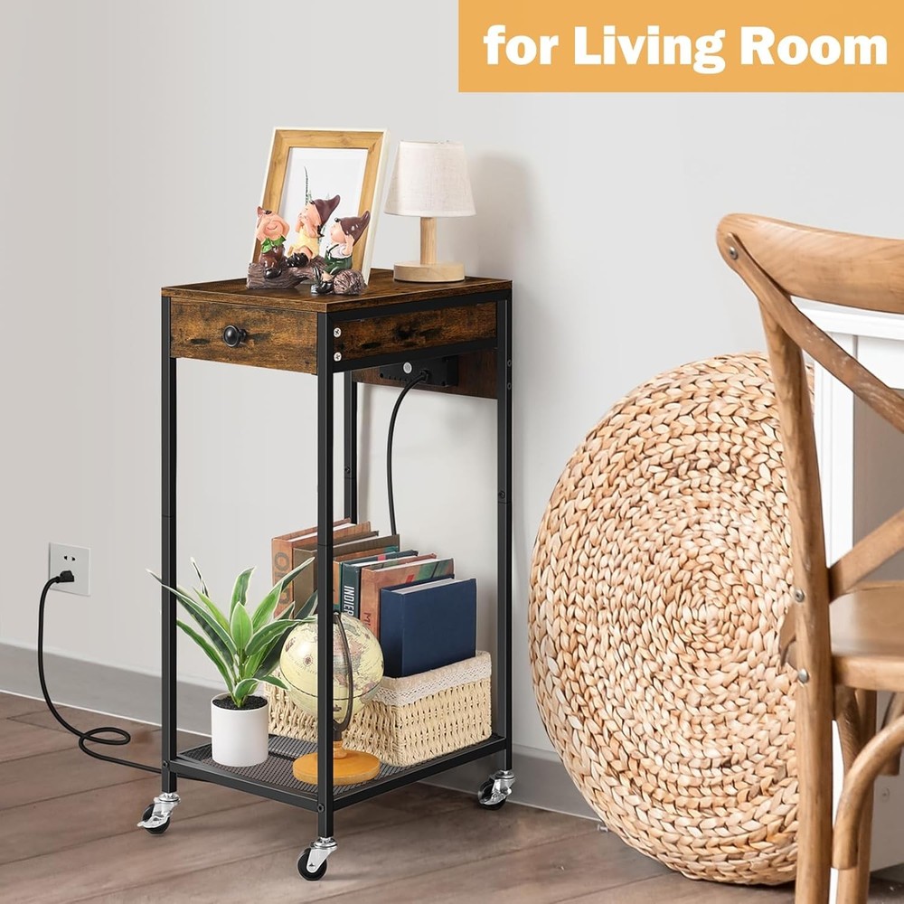 Printer Stand w/Storage Drawer Rolling Printer Table Desk w/Charging Station