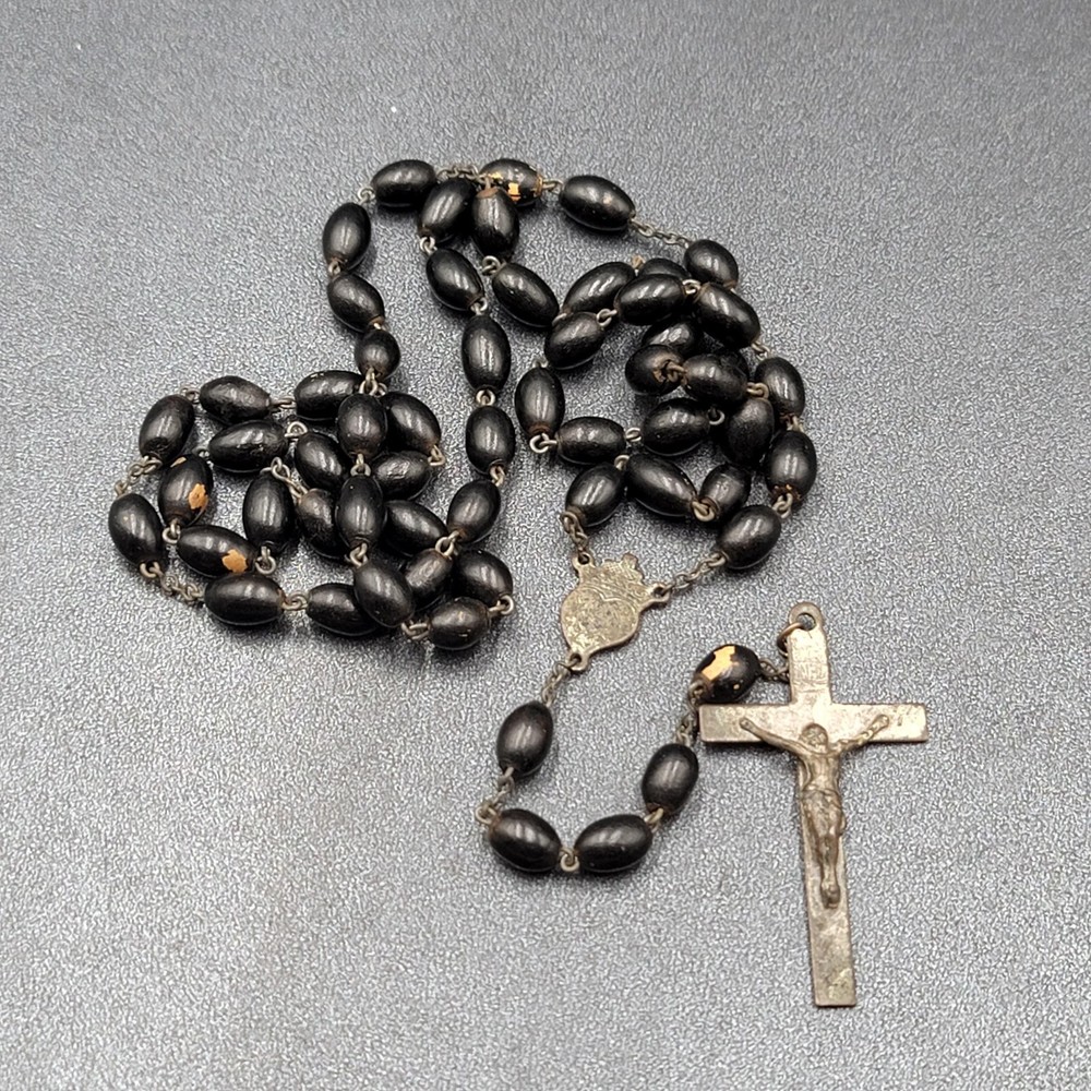Vintage Black Seed Beaded Rosary Silver tone Well-Loved