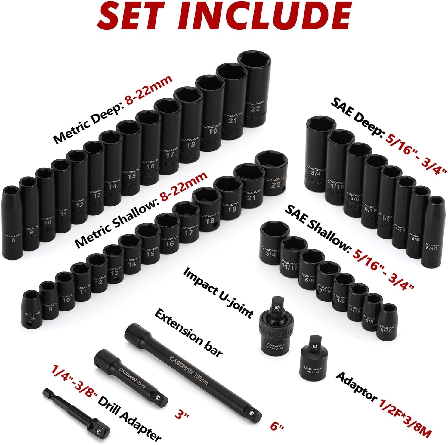 CASOMAN 3/8" Drive Impact Socket Set, 49 PCS (5/16-Inch to 3/4-Inch and 8-22 mm)