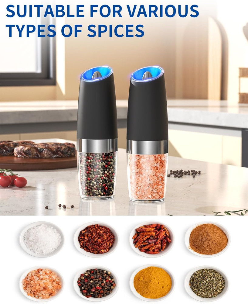 Automatic Electric Salt and Pepper Grinder Set with LED Light, Black