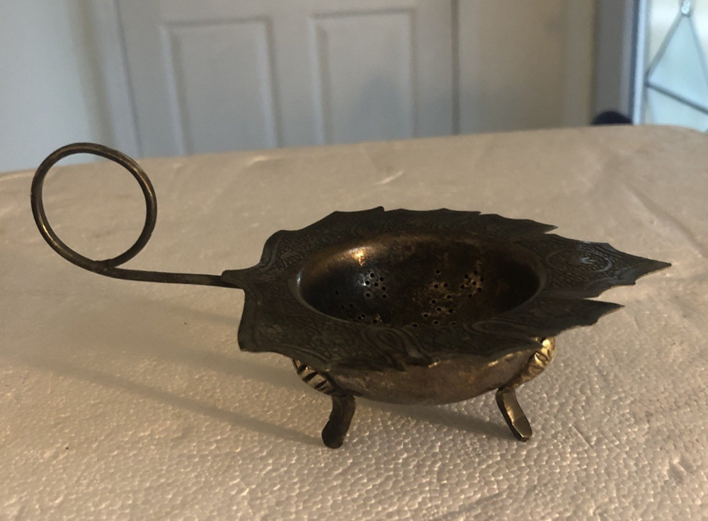 Vintage Silver plated tea strainer 2 piece maple leaf over footed bowl Engraved
