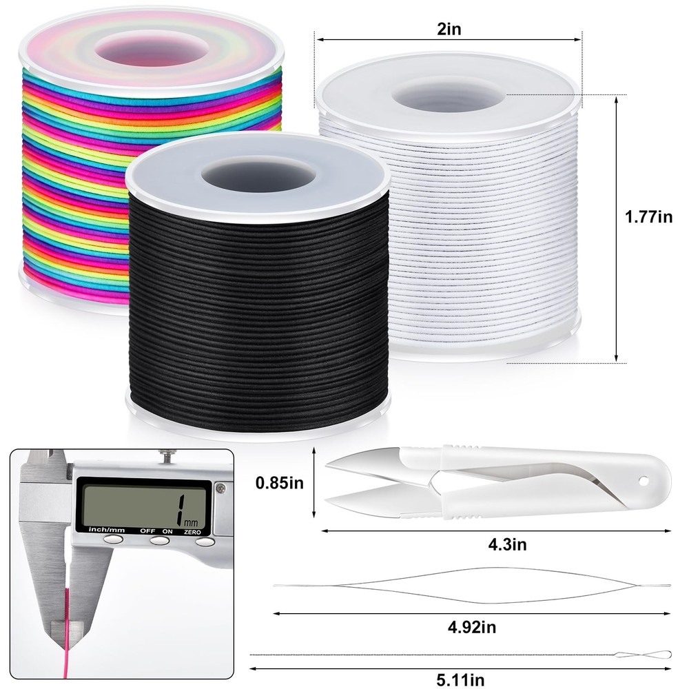 492 Ft Stretchy Bracelet String 1mm Elastic 1MM, Rainbow, White, Black