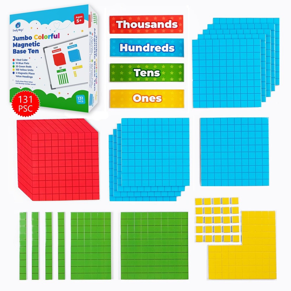 Simply Magic 131+4pc Jumbo Magnetic Base Ten Blocks for Math Learning