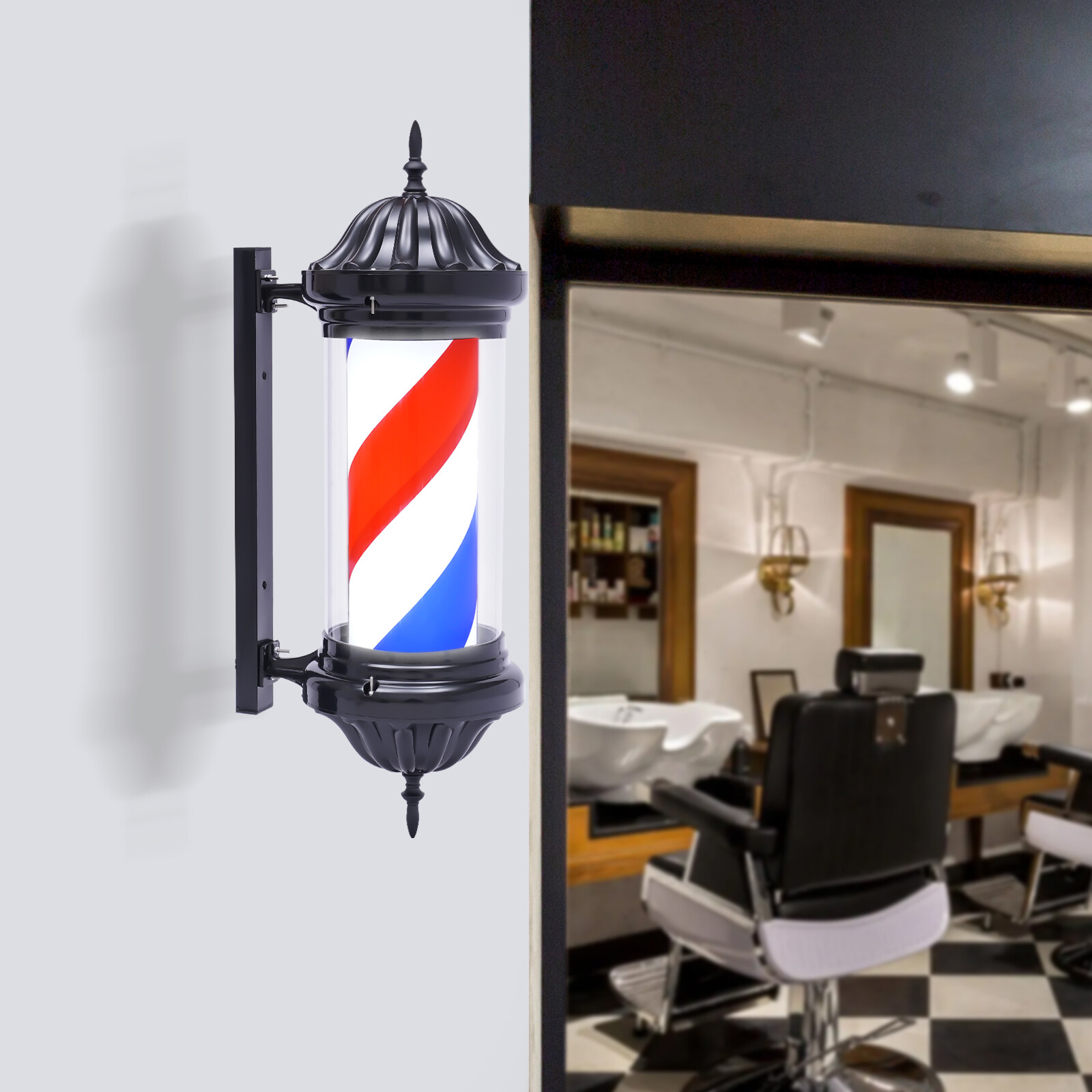 Barber Pole LED Light Red White Blue Rotating Stripes Metal Hair Salon Shop Sign
