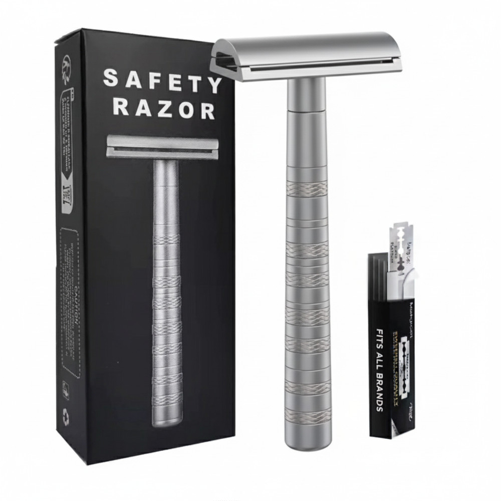 CNC Processed Safety Razor with 5 Replacement Blades Aluminum Shaving DE Razor